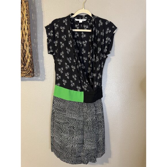 Diane von Furstenberg DVF Stretch Silk Dress 2 Black Green Ivory Short Sleeve - Picture 10 of 16